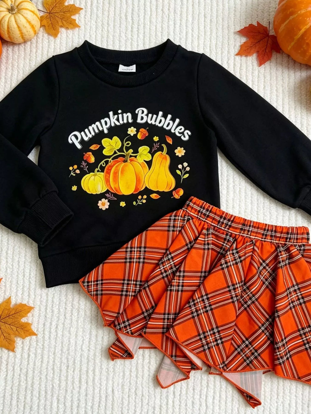 Children's Pumpkin Bubbles Graphic Top and Skirt Outfit Set