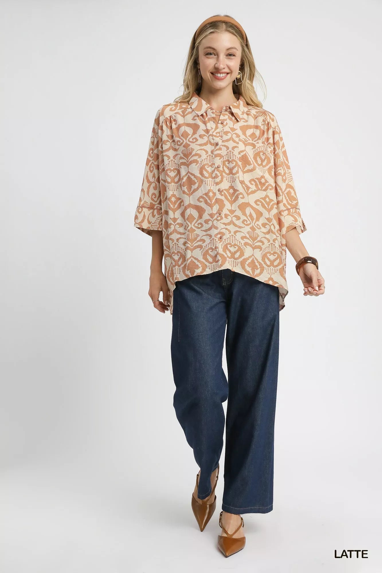 Umgee Abstract Print Button-Up Oversized Shirt