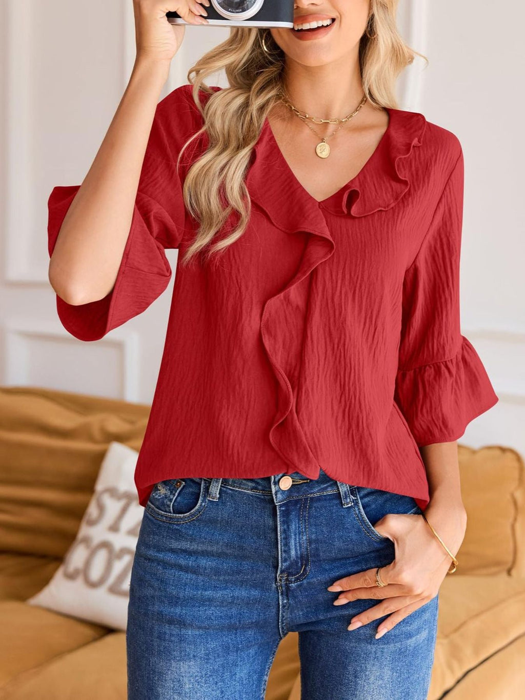 Ruffle V-Neck Flounce Sleeve Blouse