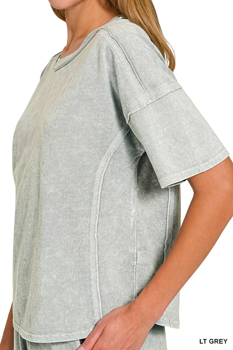 Zenana Halo Snow Washed Short Sleeve Tee and Shorts Set