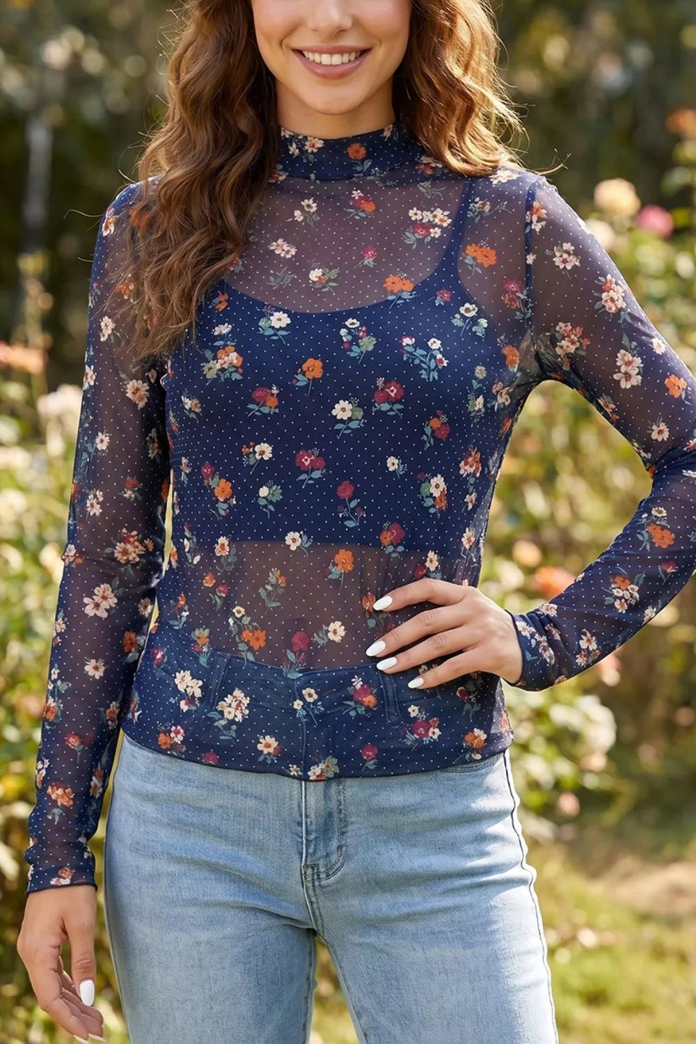 Polka Dot Floral Mesh Long Sleeve High Neck Pullover Sheath Top