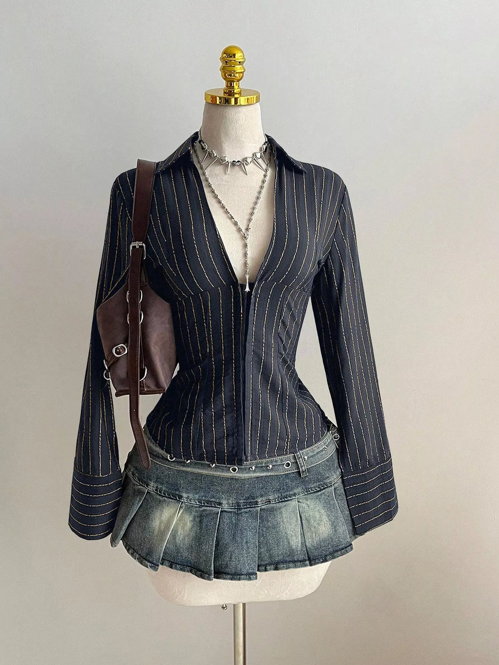 Striped Long Sleeve Fitted Blouse