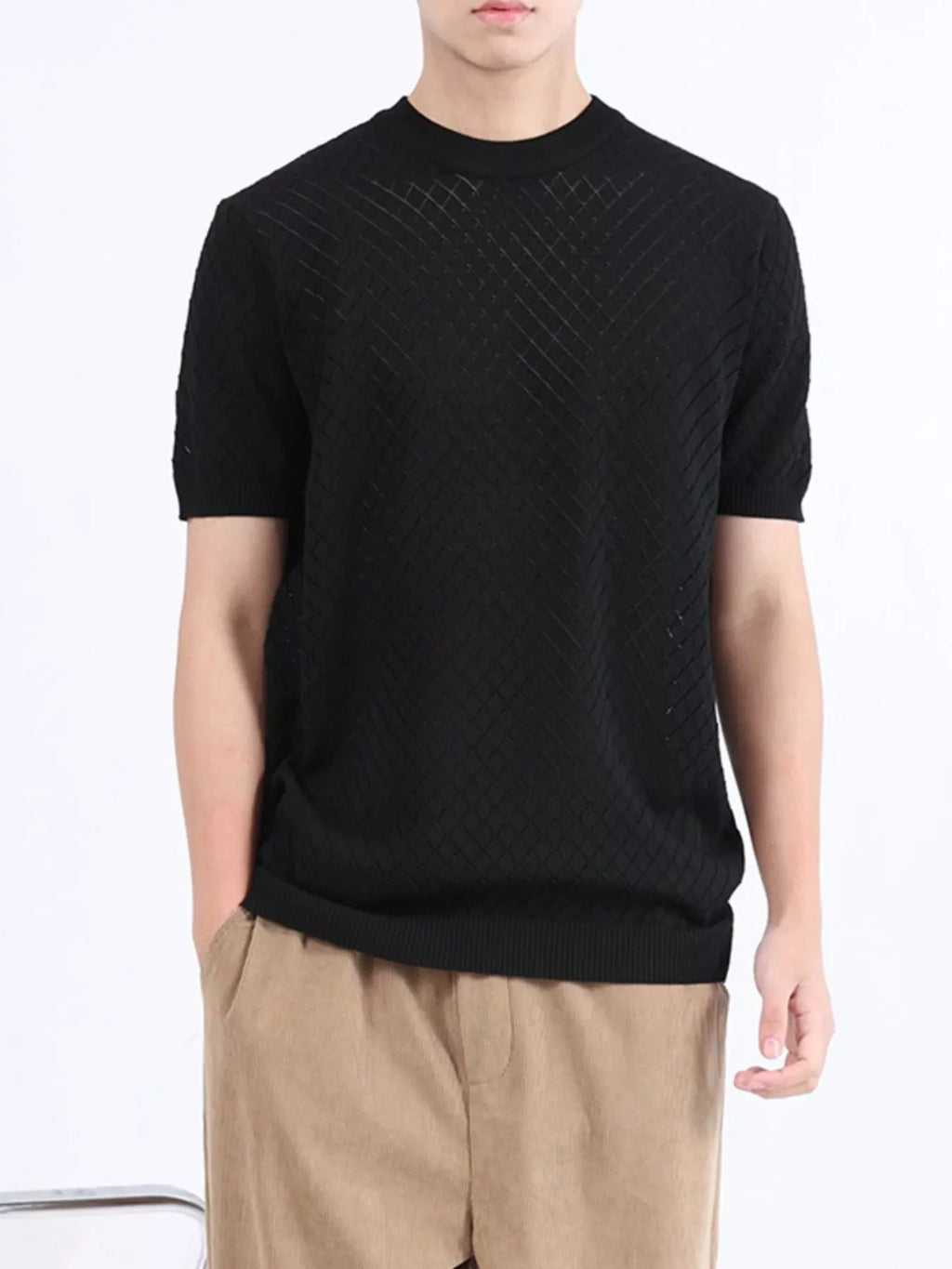 Men's Plus Size Diamond Pattern Knitted Short Sleeve T-Shirt