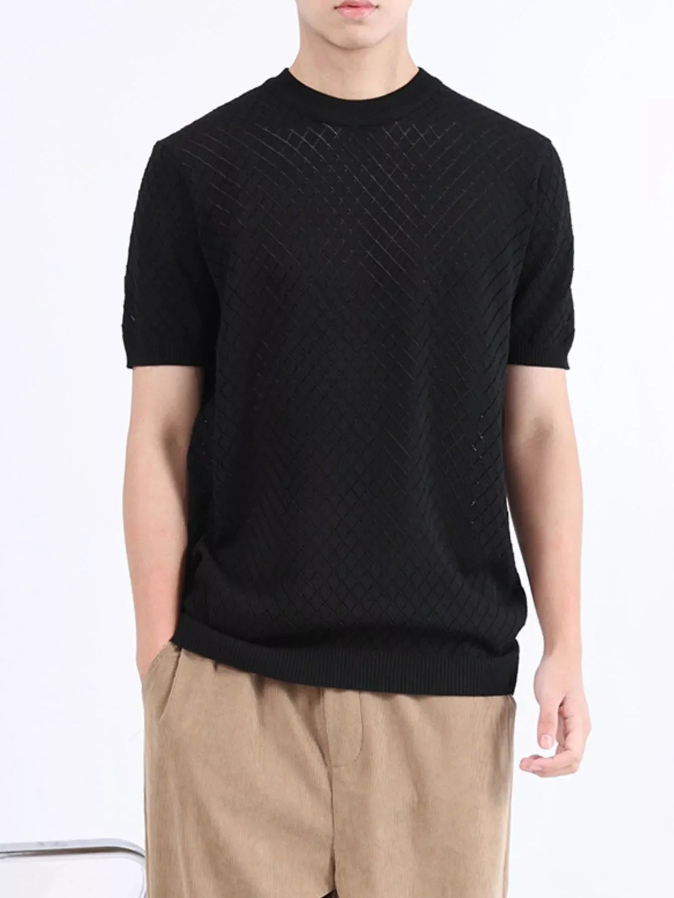 Men's Plus Size Diamond Pattern Knitted Short Sleeve T-Shirt