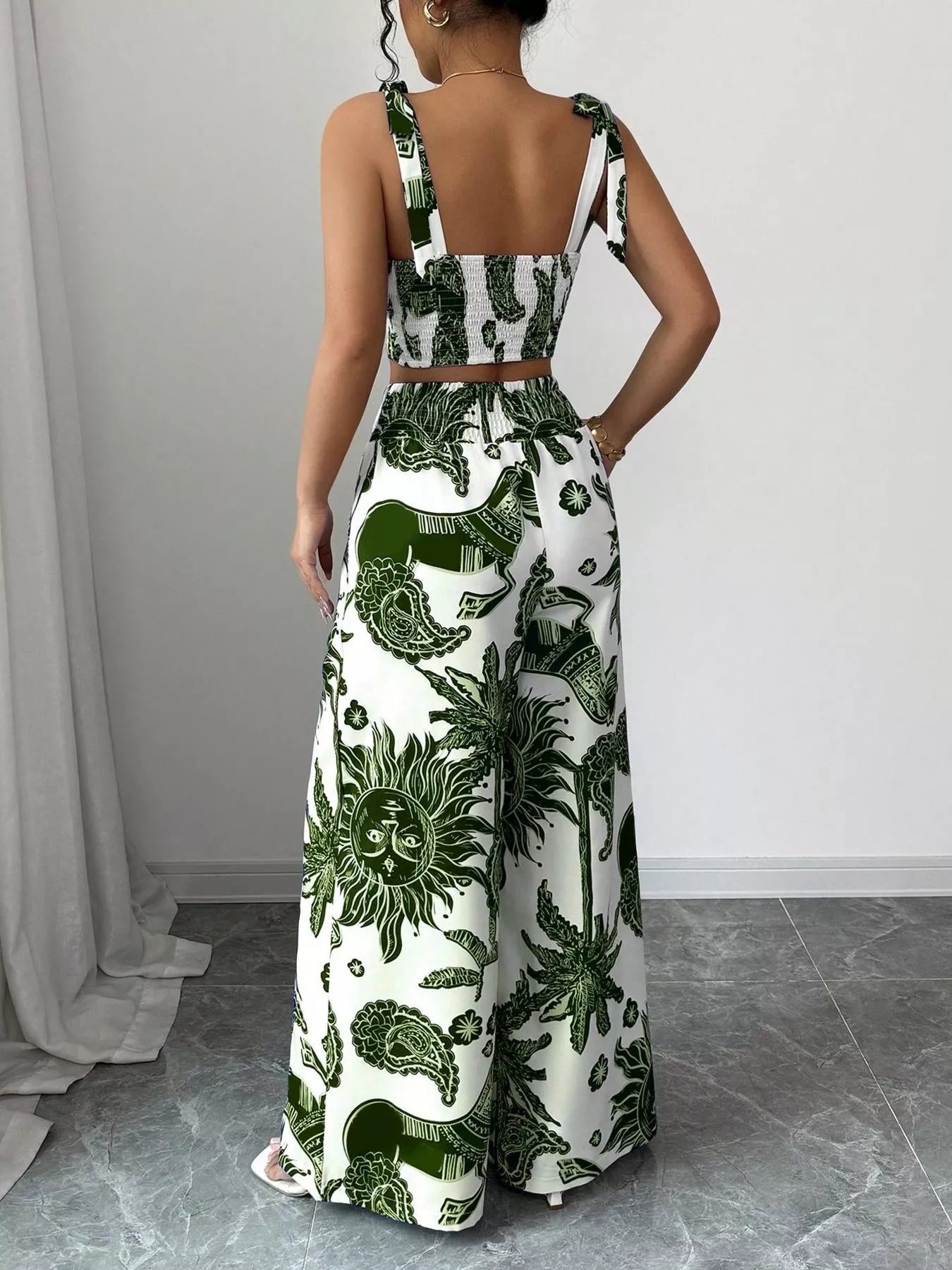Floral Print Crop Top and Wide Leg Pants Set