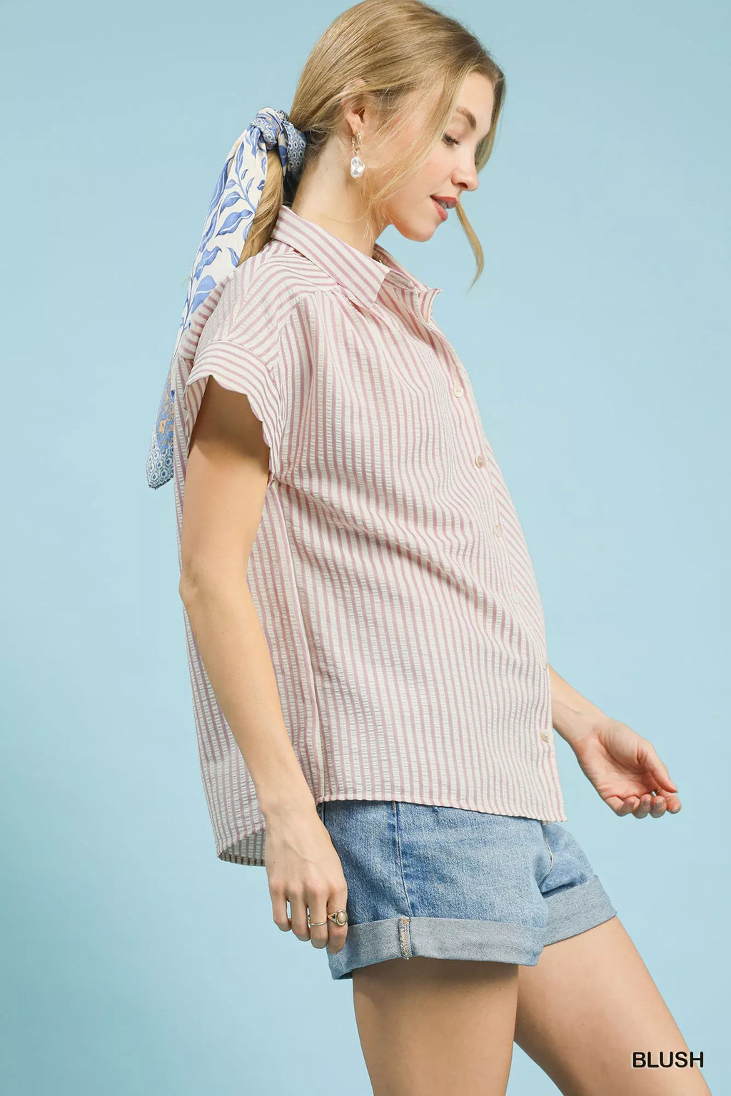 Umgee Striped Button-Down Top with Scallop Sleeves