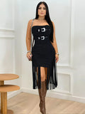 Buckle Detail Fringe Hem Bodycon Dress