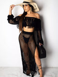 Full Size Crochet Off-Shoulder Fringe Top and Skirt Set Plus Size