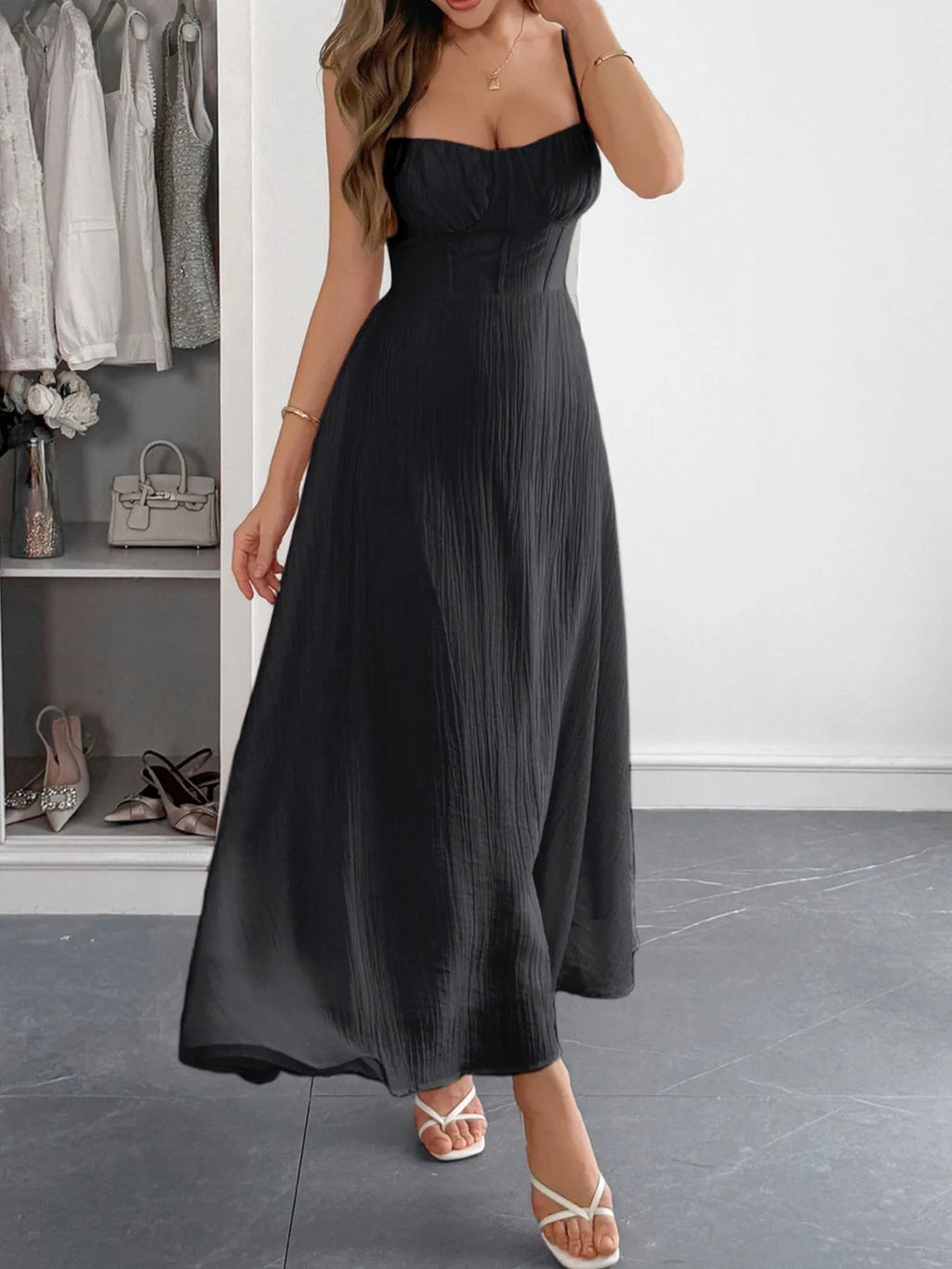 Texture Sweetheart Neck Backless Cami Dress