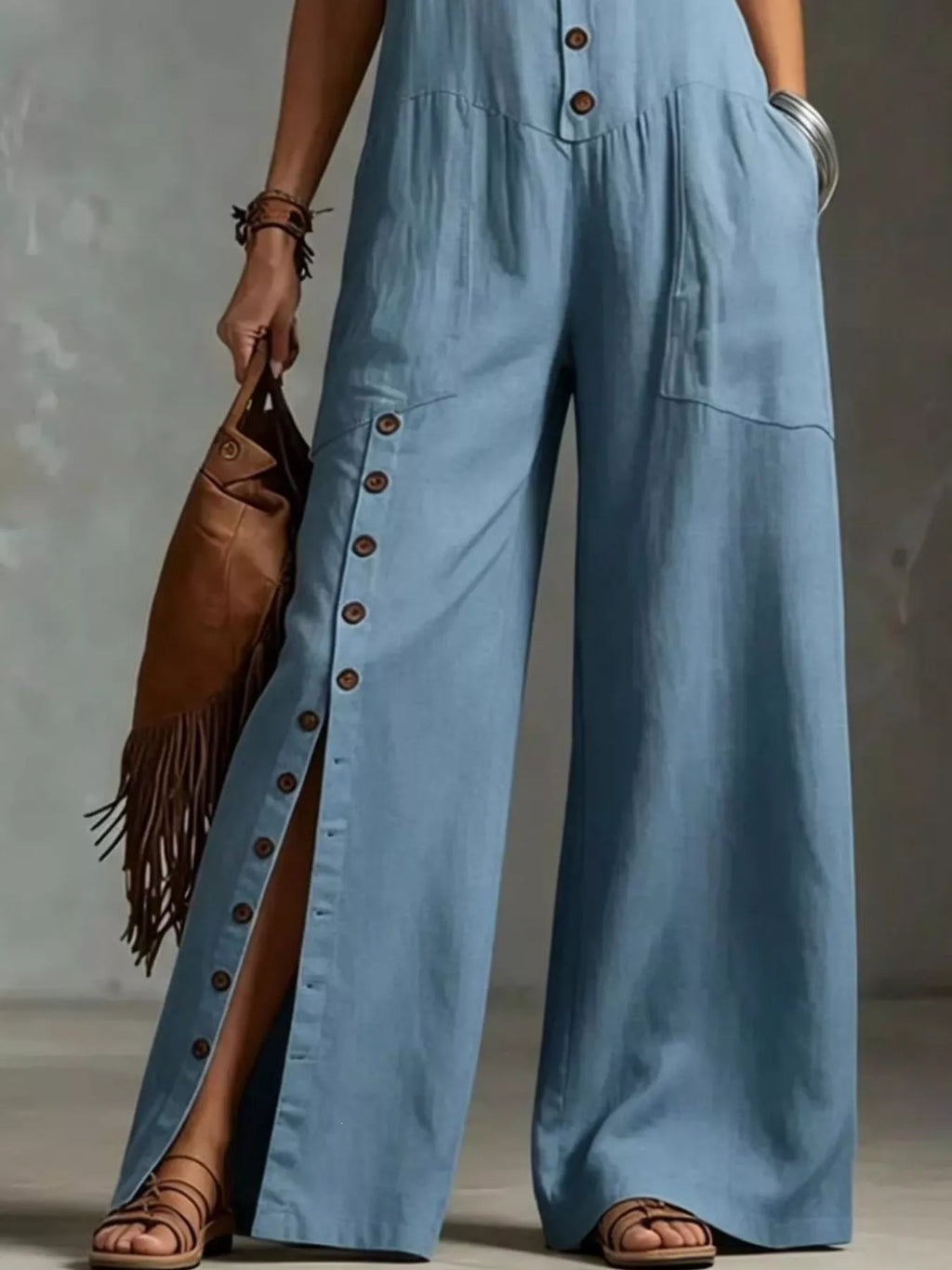 Full Size Sleeveless Button Front Wide Leg Jumpsuit Plus Size