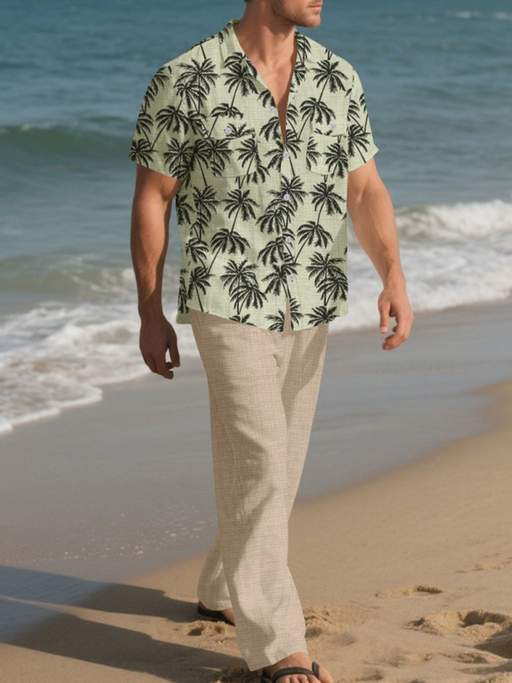 Men's Full Size Tropical Palm Print Button Up Shirt and Pants Set Plus Size