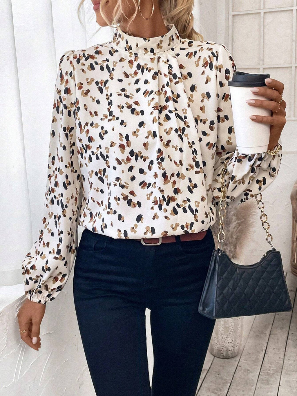 Leopard Print Mock Neck Blouse