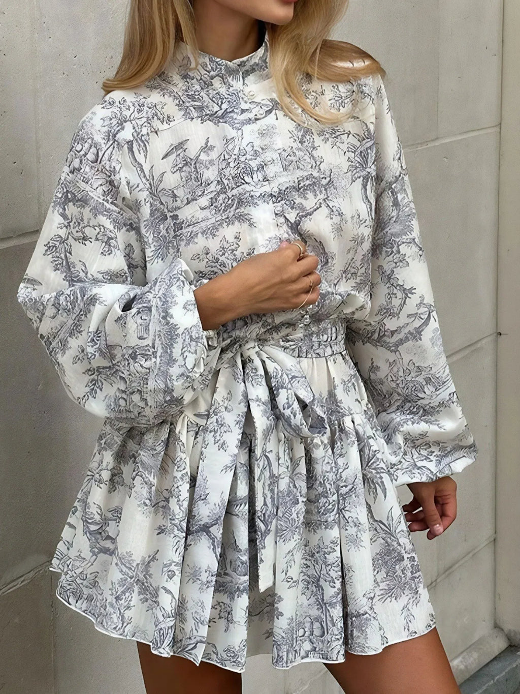 Printed Balloon Sleeve Tie Waist Dress