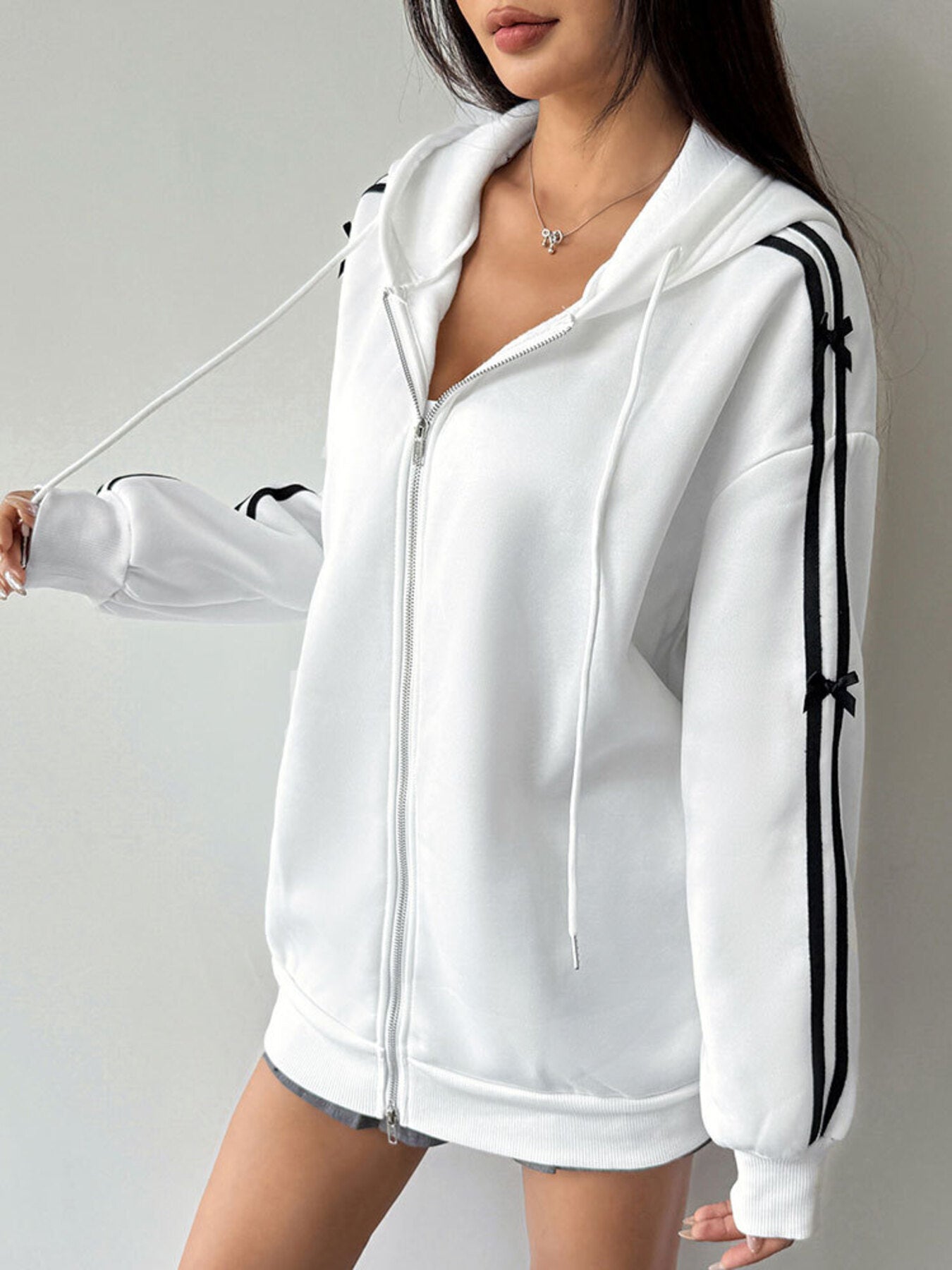 Striped Sleeve Zip-Up Drawstring Hoodie