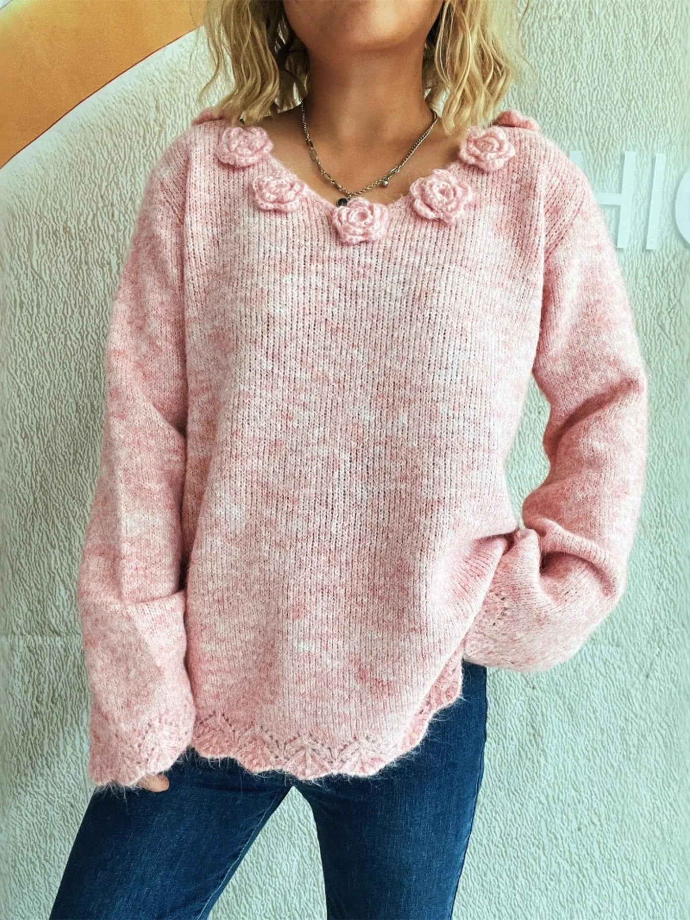 Flower V-Neck Long Sleeve Sweater