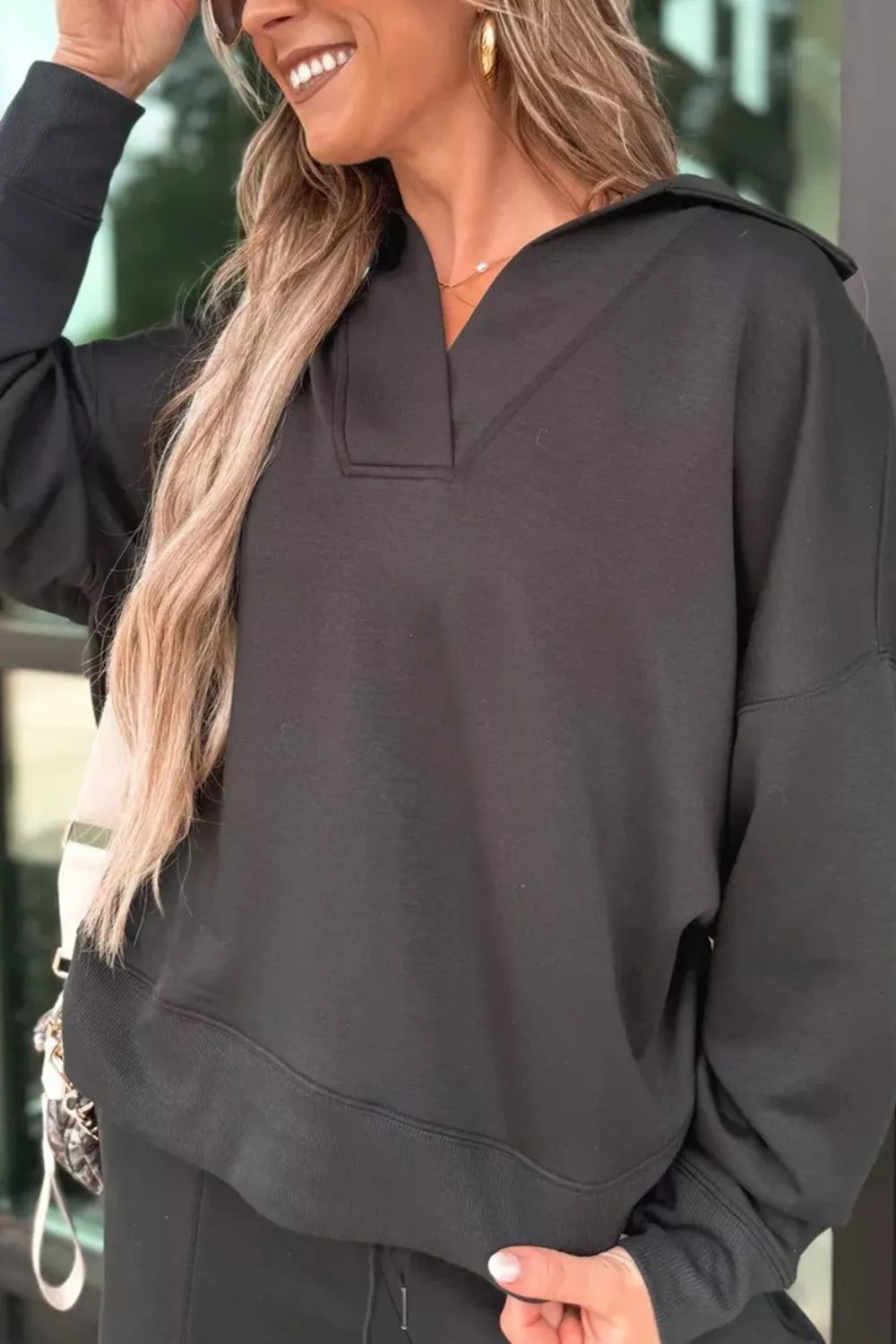 Collared V Neck Pullover Sweatshirt Sweatpants Set