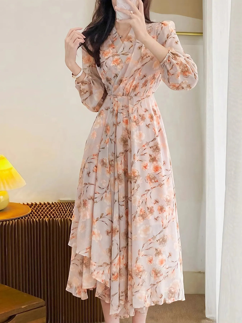 Floral Print Long Sleeve Midi Dress
