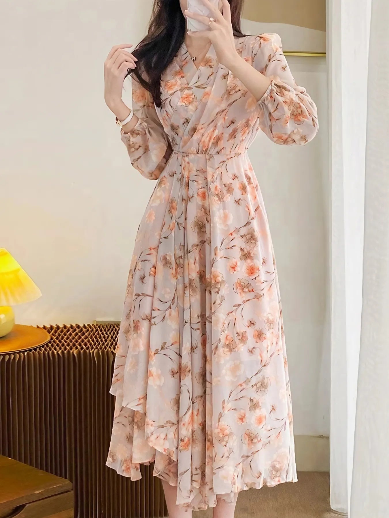 Floral Print Long Sleeve Midi Dress
