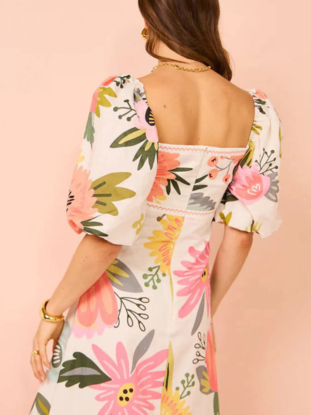 Floral Square Neck Puff Sleeve Maxi Dress with Ruffle Hem