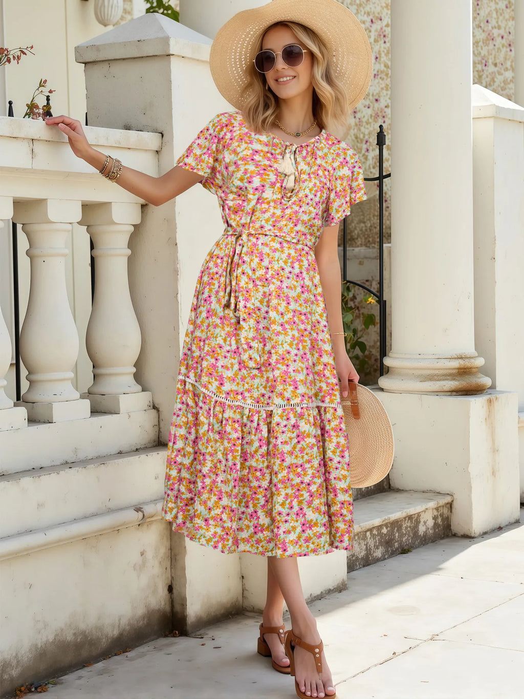 Floral Print Ruffle Hem Midi Dress