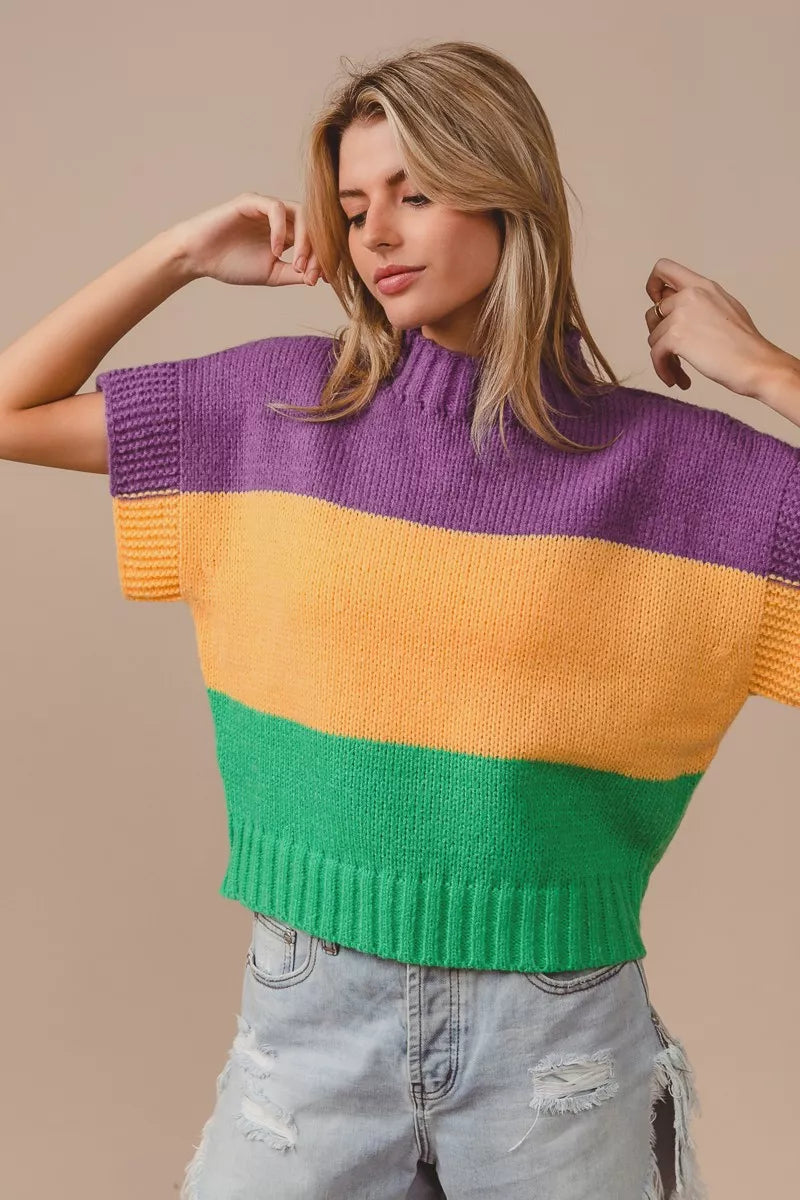 BiBi Mardi Gras Color Block Drop Shoulder Sweater Top