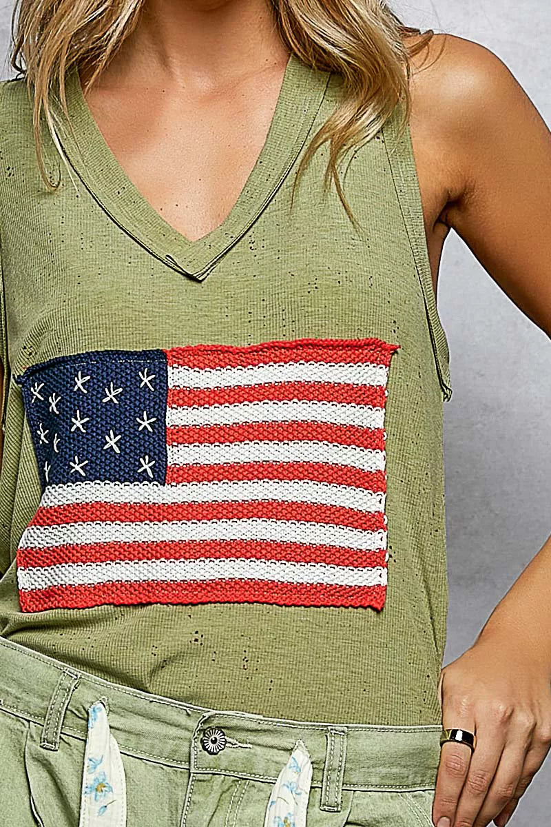 POL V-Neck Ribbed Tank with American Flag Patch and Star Back Patch