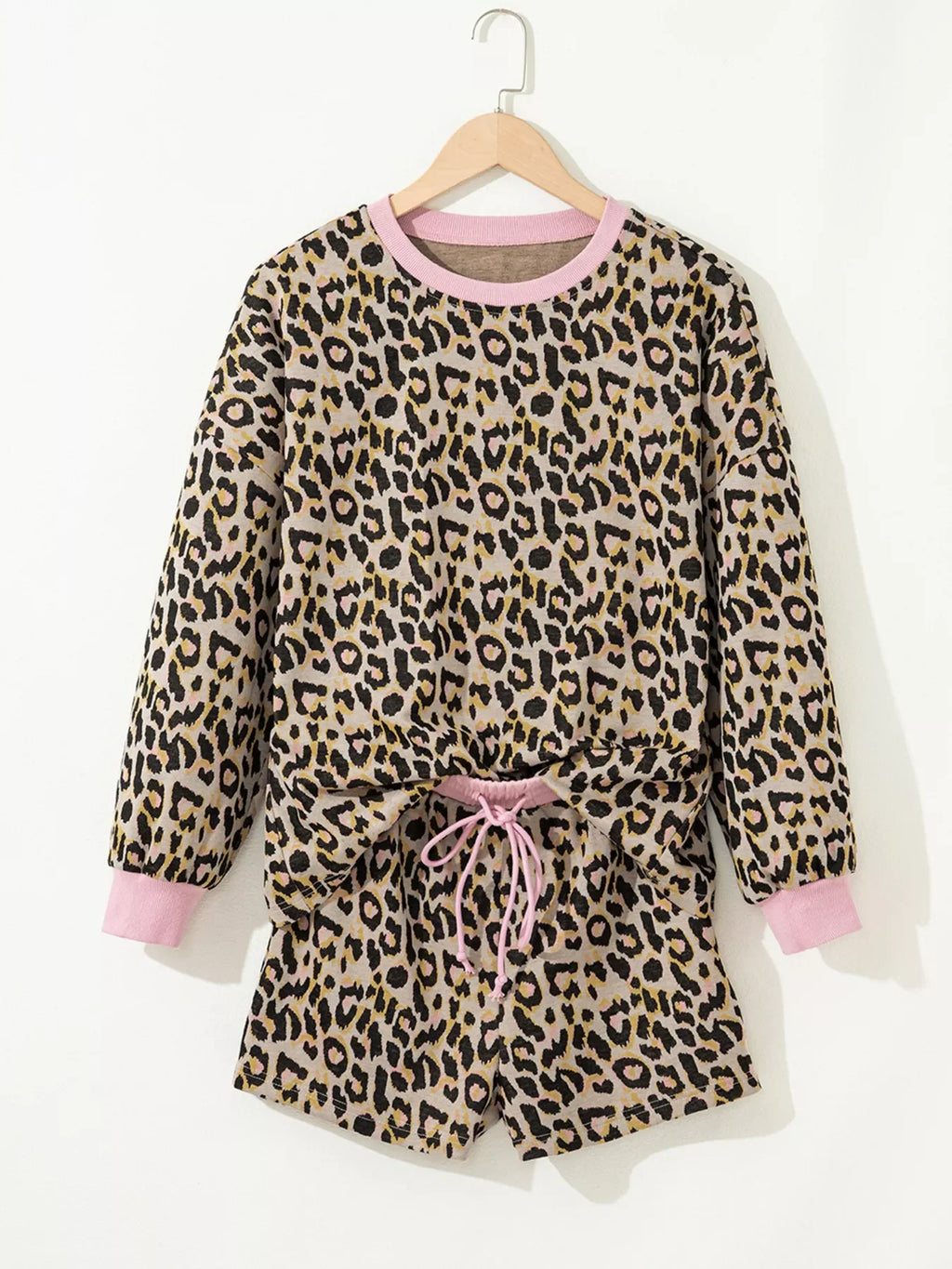 Leopard Print Contrast Edge Long Sleeve Pullover Shorts Set