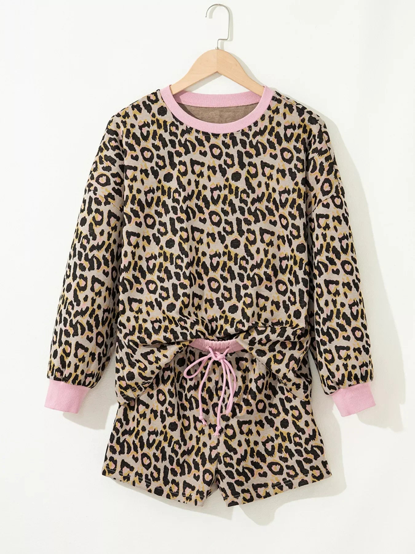 Leopard Print Contrast Edge Long Sleeve Pullover Shorts Set