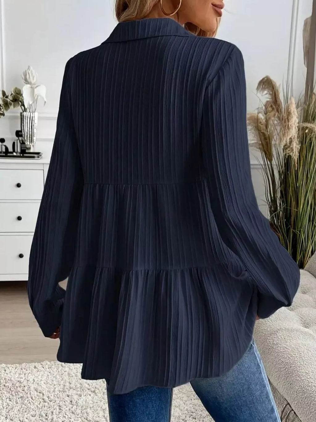 Button-Down Long Sleeve Tiered Shirt