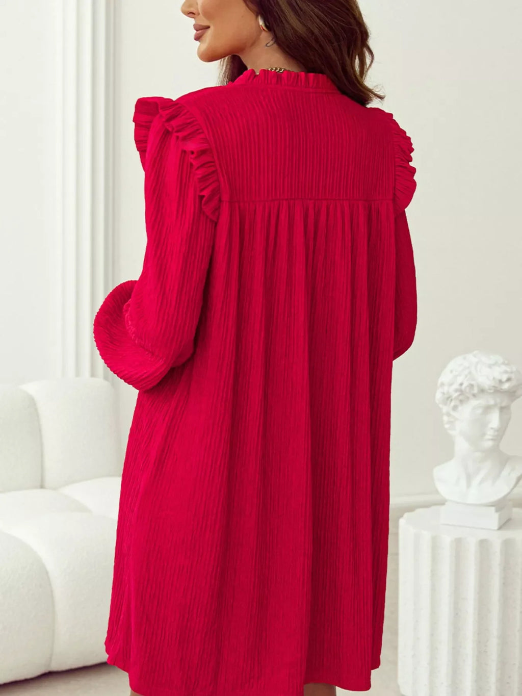 Textured Ruffled Trim Loose Fit Mini Dress