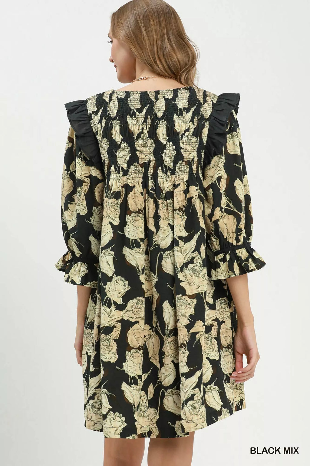 Umgee Mix Floral Print Smocked Ruffle Detail Flowy Dress