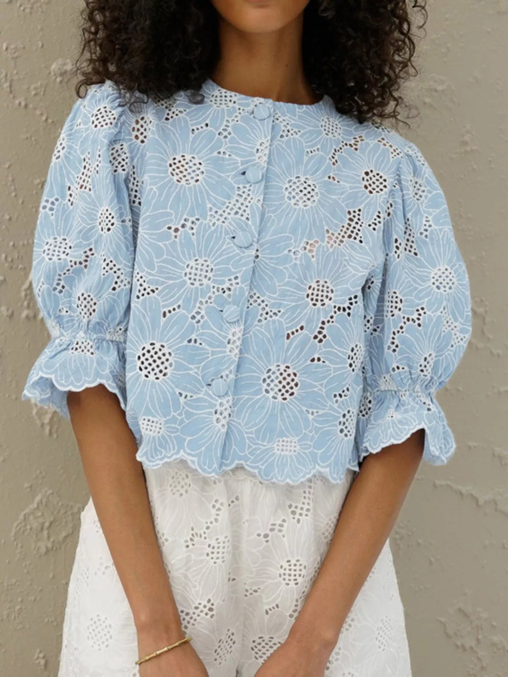 Embroidered Flounce Sleeve Blouse