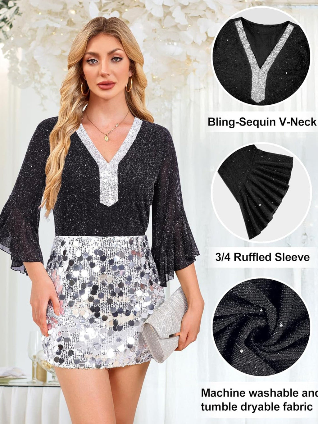 Sequin V-Neck Flounce Sleeve Blouse