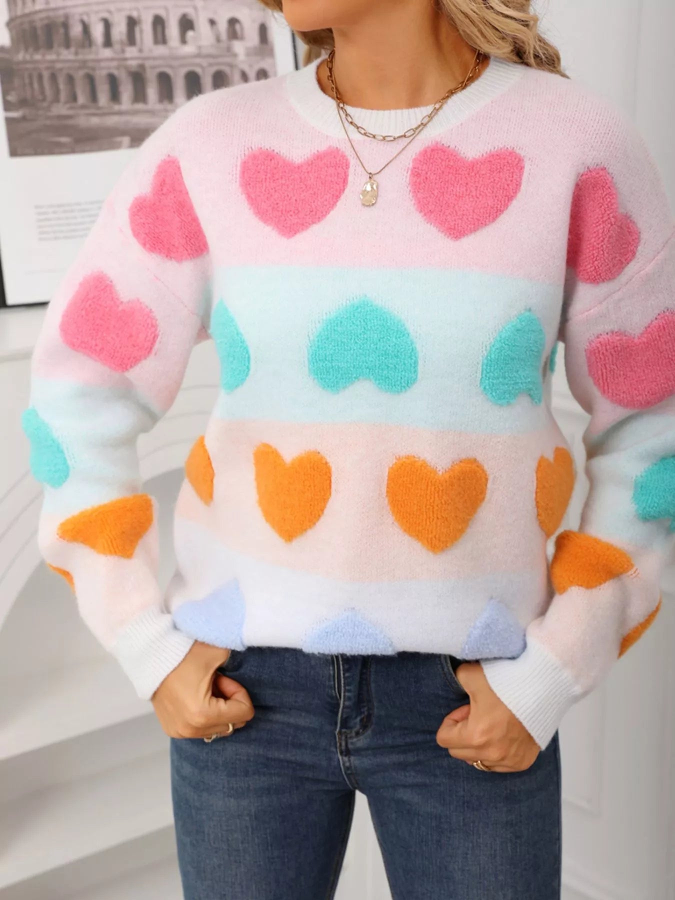 Valentine's Day Heart Pattern Fuzzy Knit Sweater