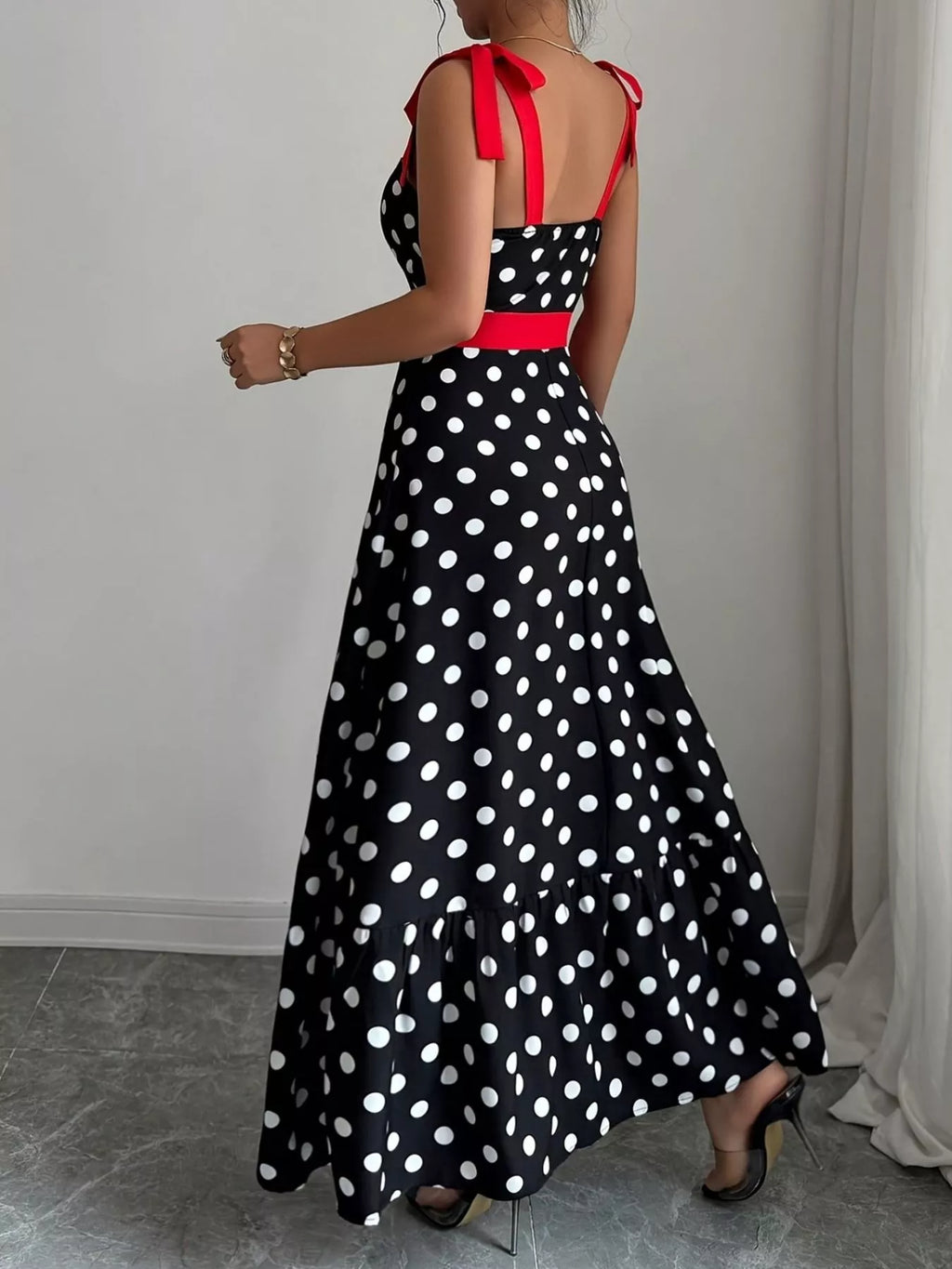 Polka Dot Tie Strap Maxi Dress
