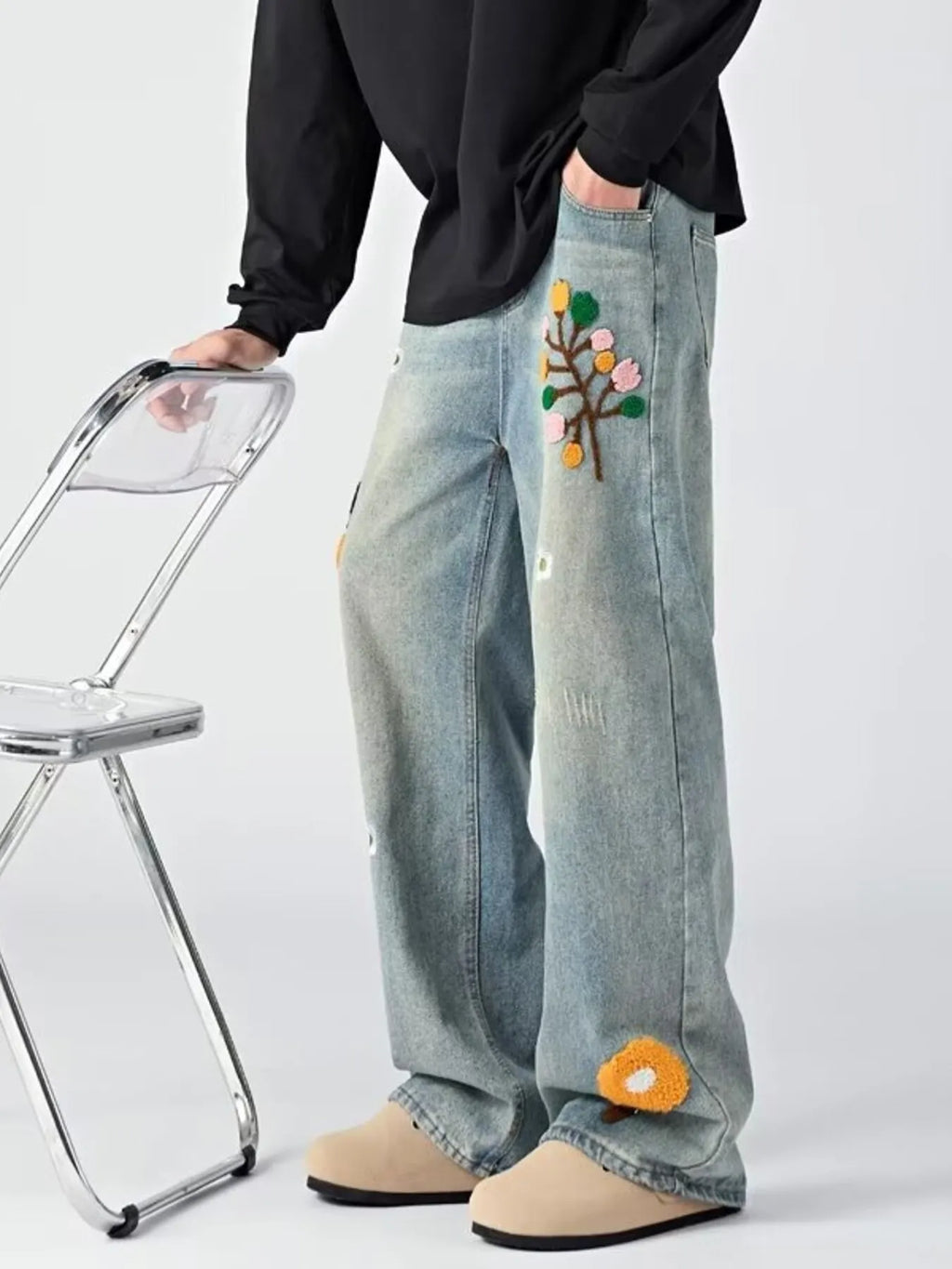 Men's Embroidered Wide Leg Jeans