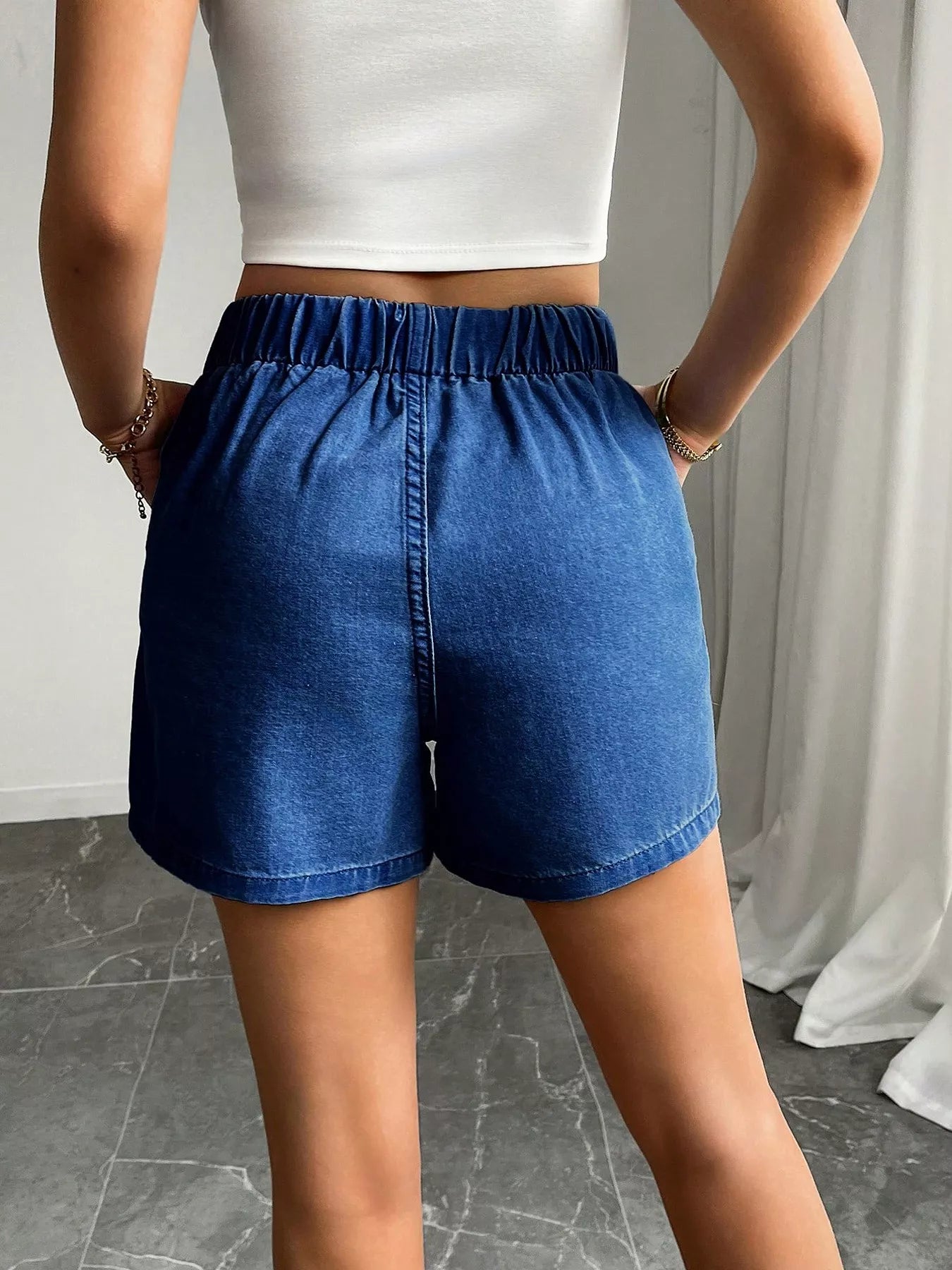 Drawstring High Waist Denim Shorts