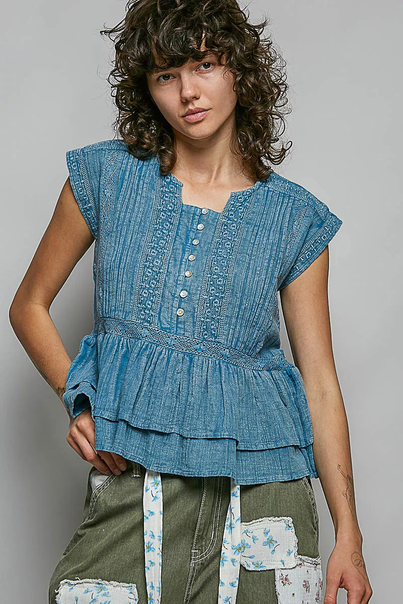 POL Eyelet Embroidery Pintuck Sleeveless Cotton Blouse