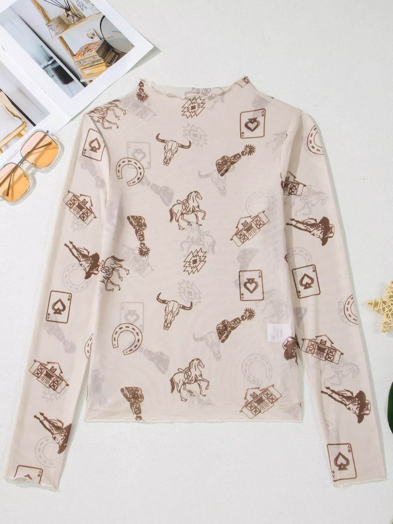 Western Print Slim Fit Mesh Long Sleeve Mock Neck Top