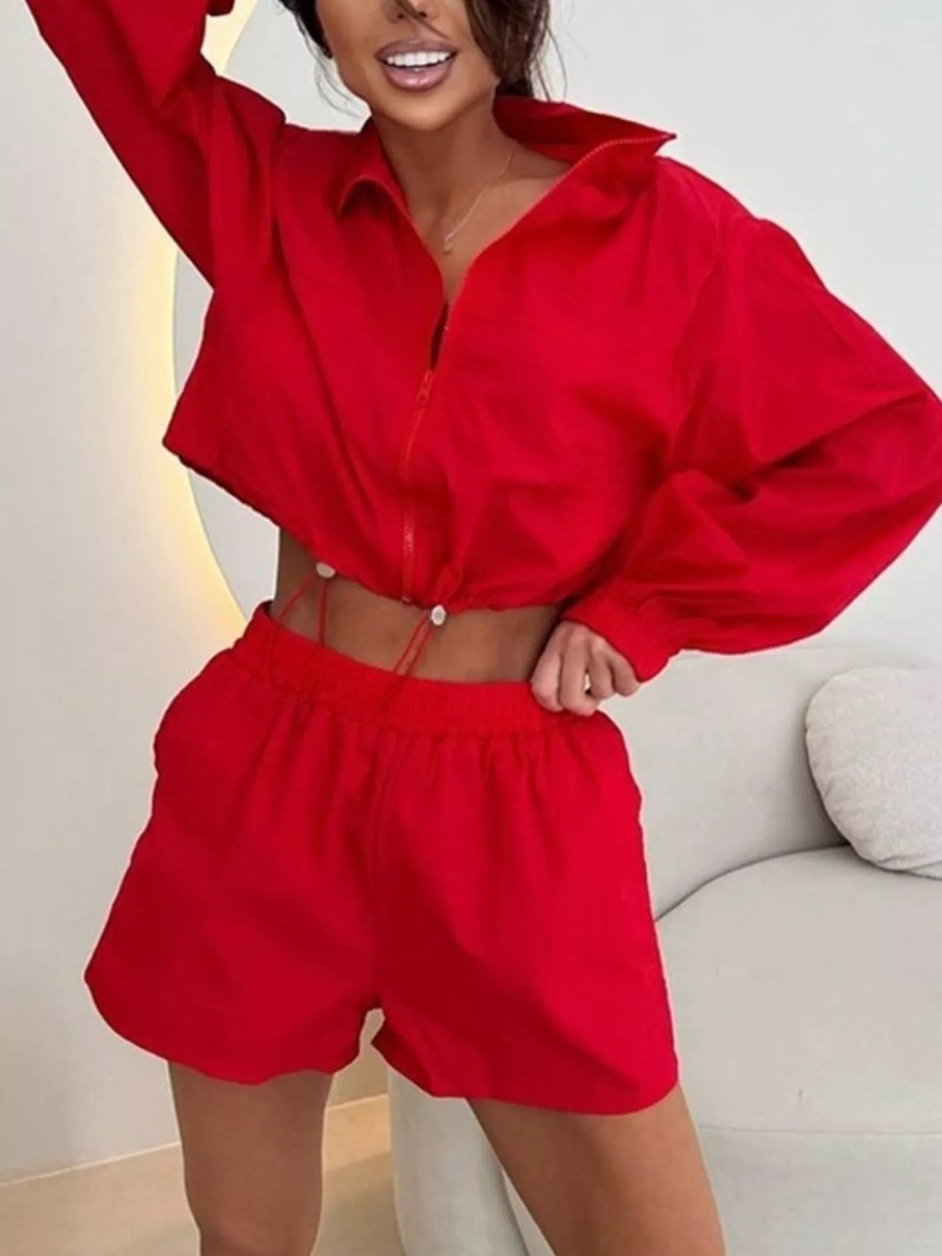 Zip Up Long Sleeve Outerwear and Shorts Set
