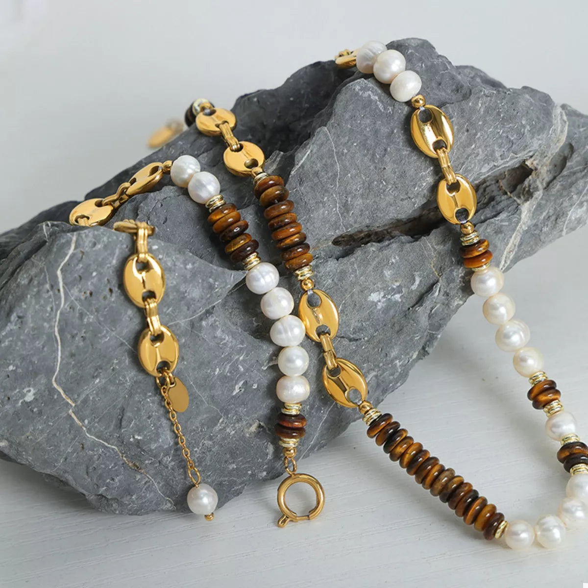 Tiger's Eye Freshwater Pearl 18K Gold-Plated Bead Necklace