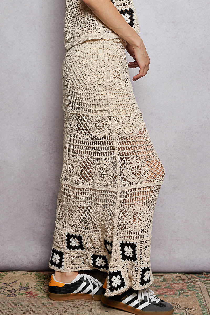 POL Floral Crochet Ruffled Waistband Maxi Skirt with Granny Square Weave