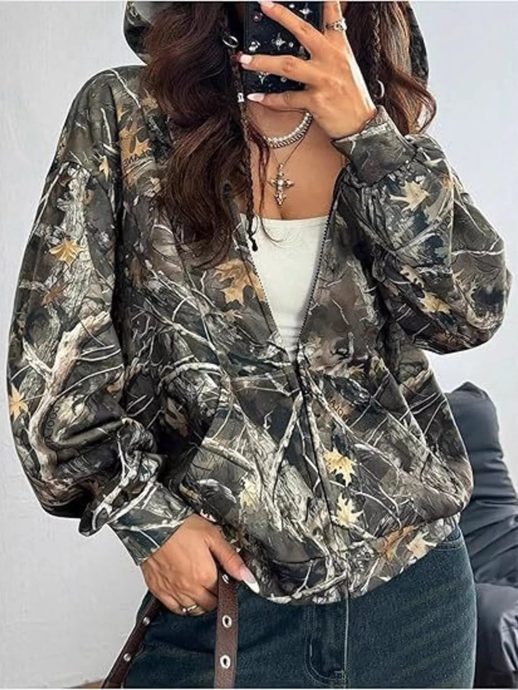 Vintage Printed Zip-Up Hoodie