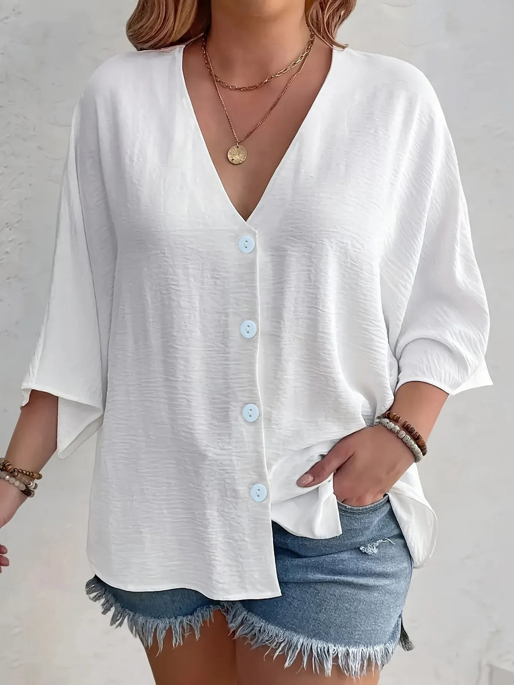 Full Size Casual V-Neck Button Down Relaxed Fit Blouse Plus Size