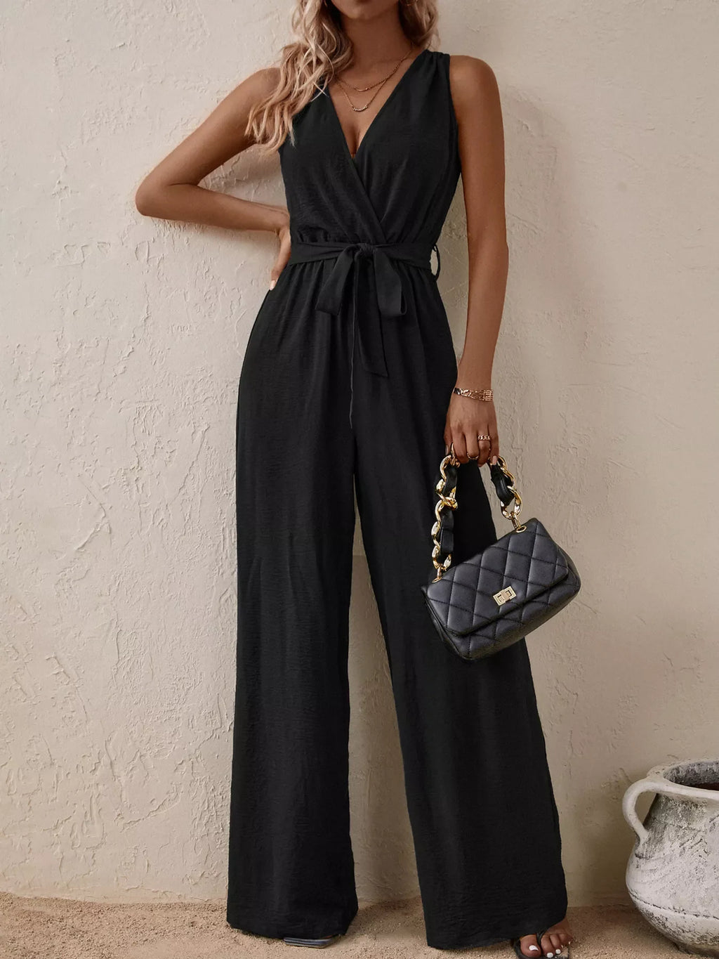 Sleeveless Tie Waist Wide Leg Jumpsuit