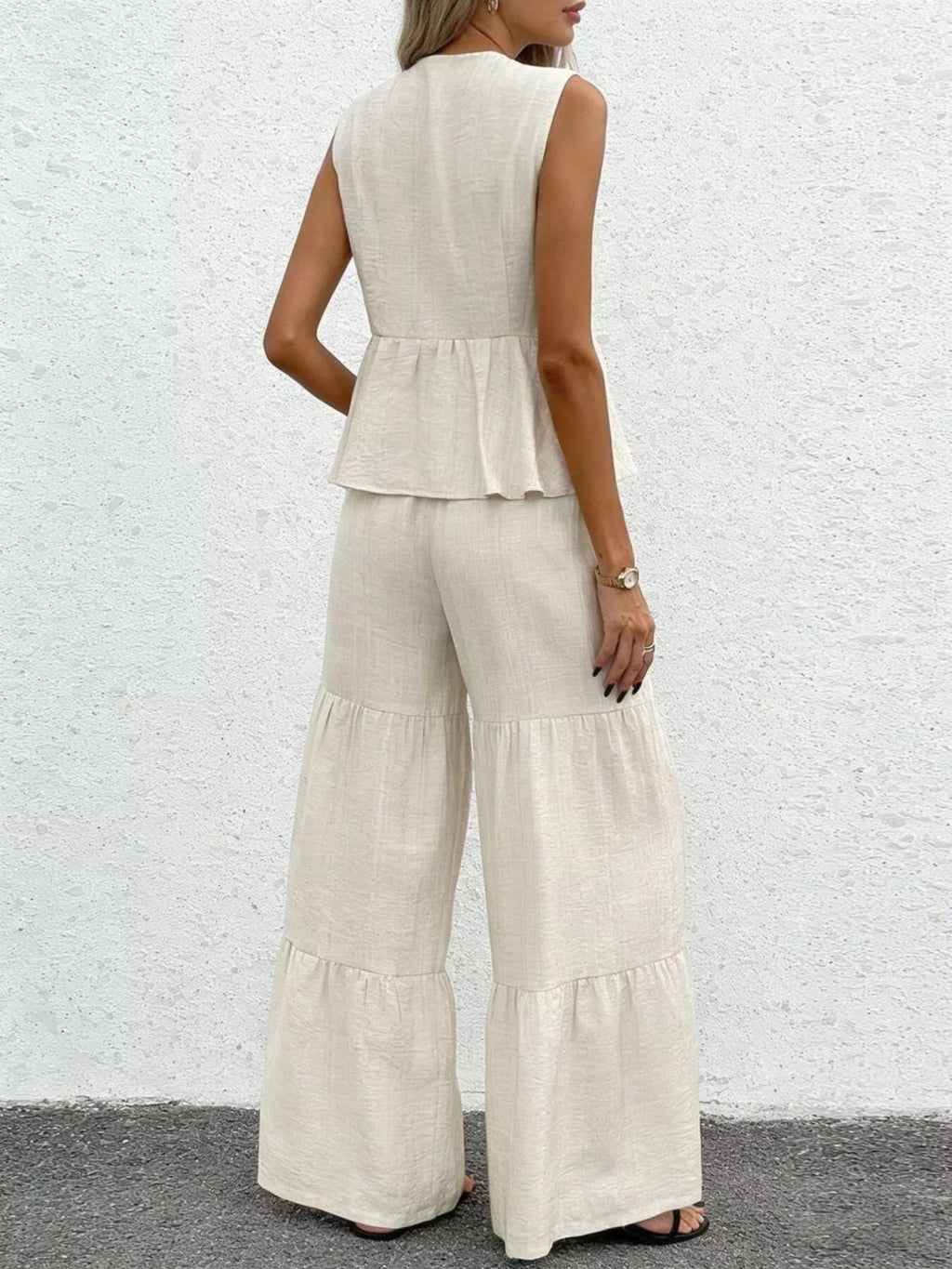 Sleeveless Tie-Front Top and Wide Leg Pants Set