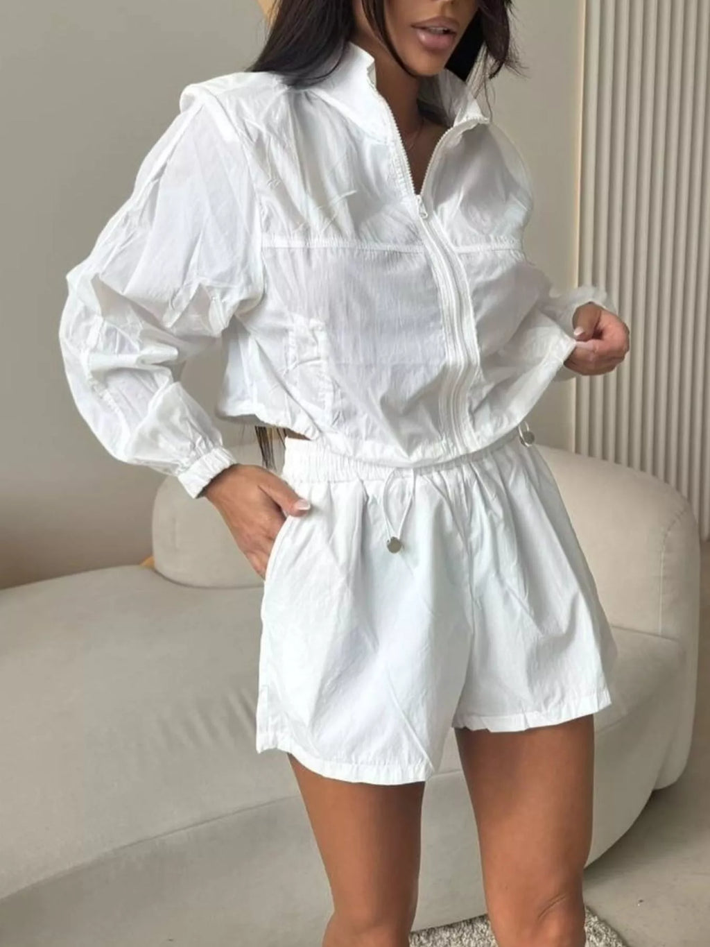 Zip Up Long Sleeve Outerwear and Shorts Set