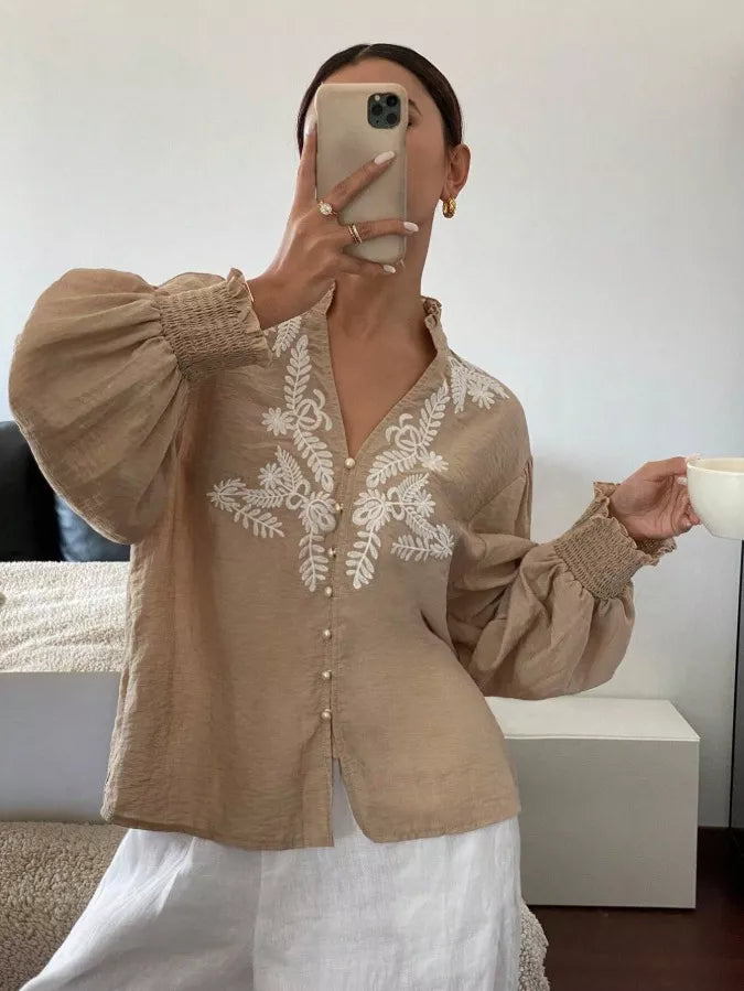 Embroidered Notched Long Sleeve Blouse