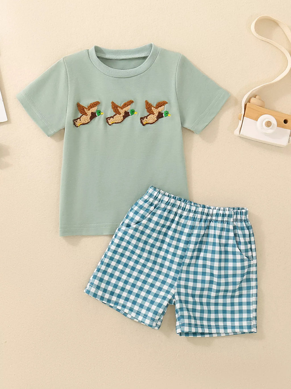 Children's Duck Embroidered T-shirt and Gingham Shorts Set