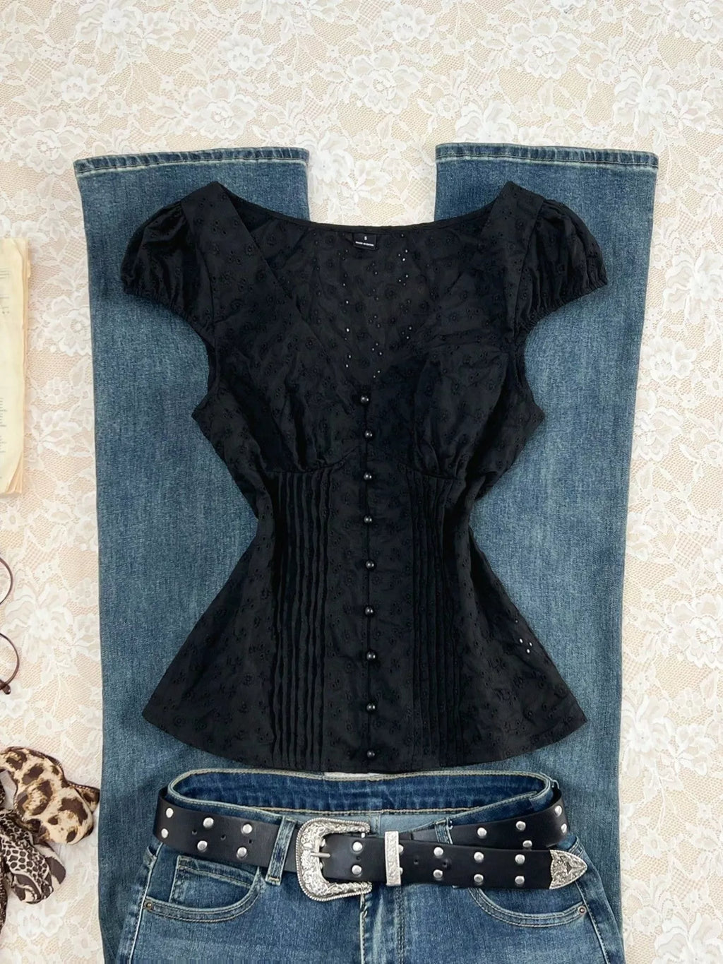 Lace V-Neck Cap Sleeve Blouse